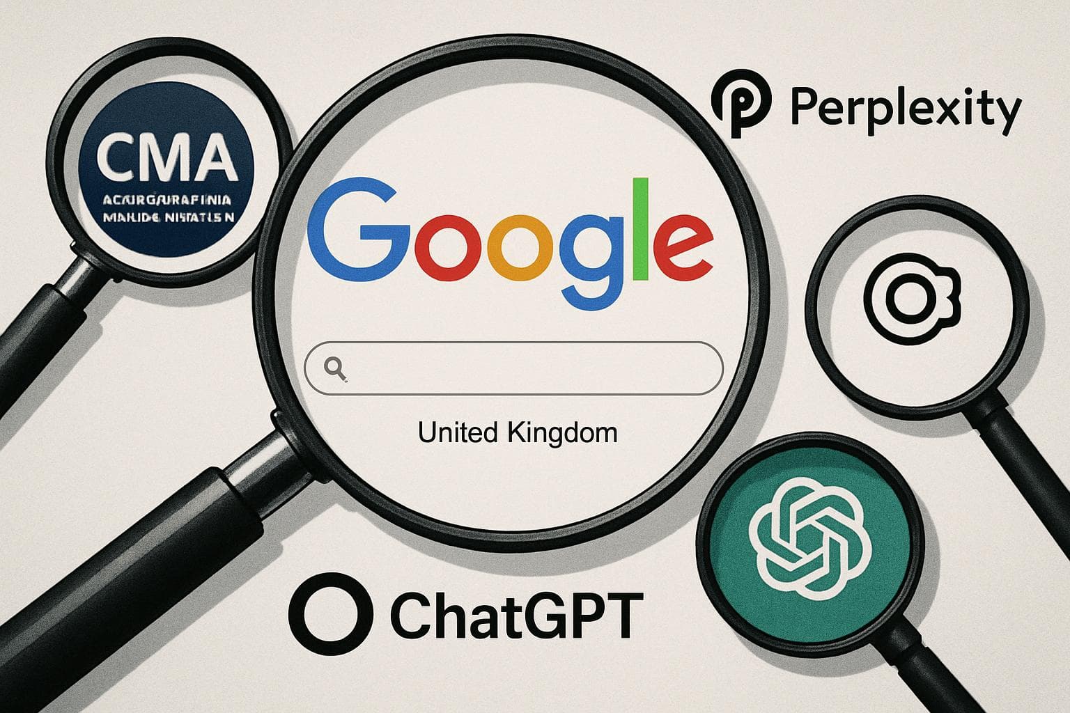 Google UK search operations with magnifying glasses and search engine logos