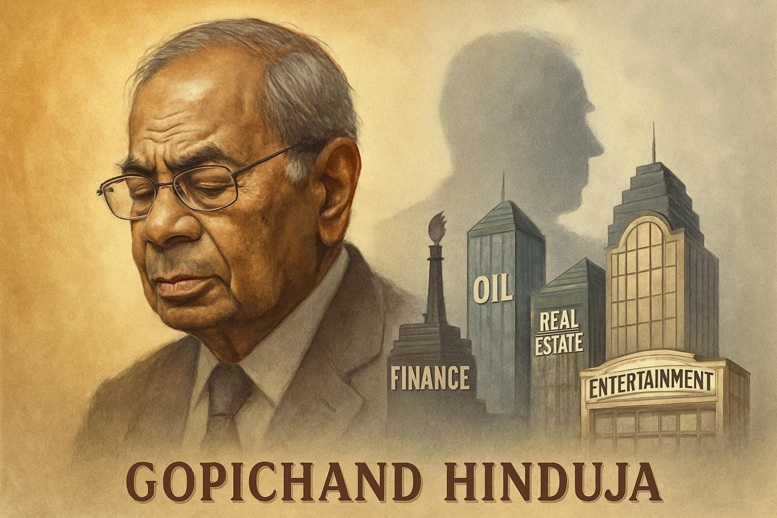 Silhouette of Gopichand Hinduja with corporate buildings
