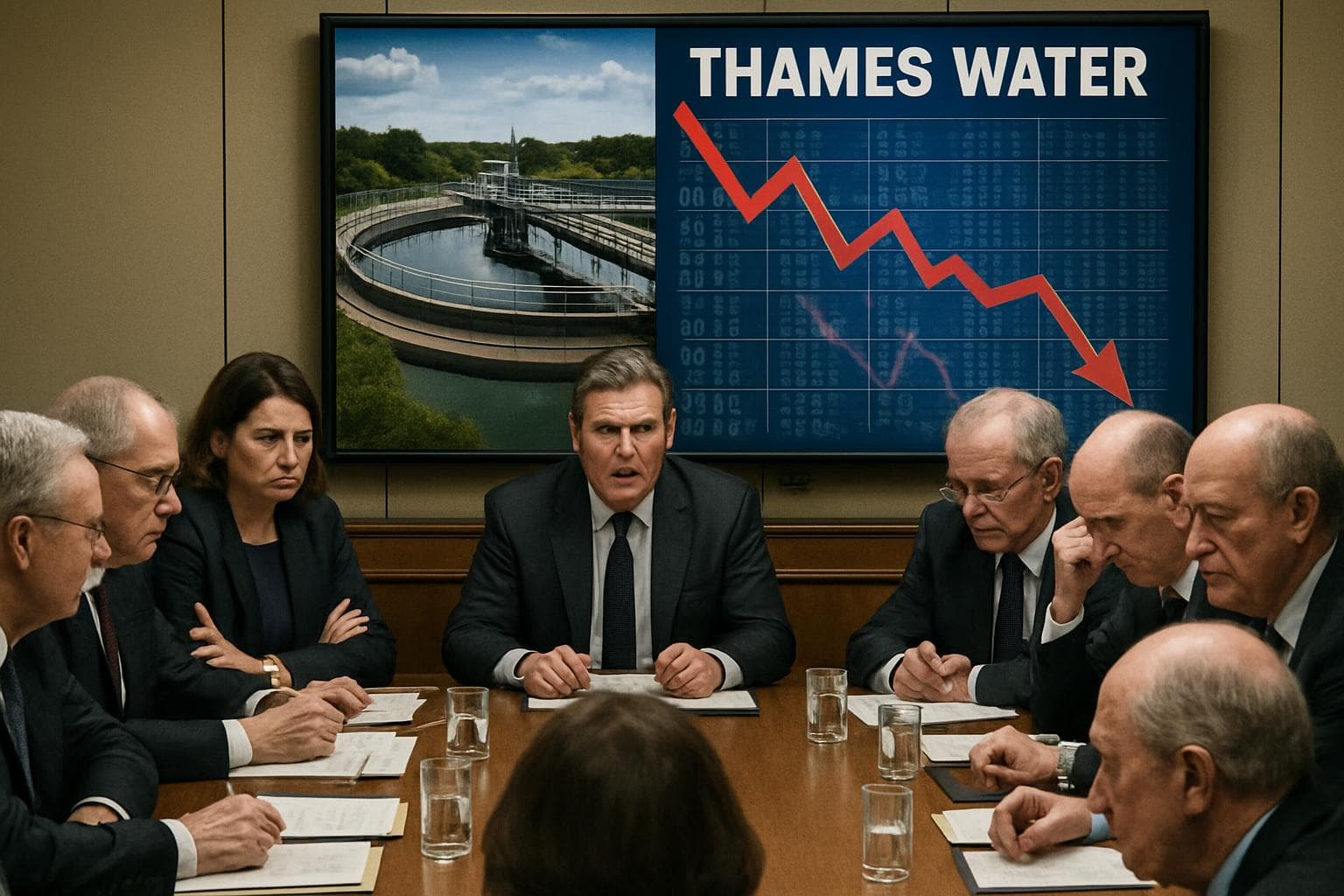 Officials in a meeting room discussing Thames Water nationalisation