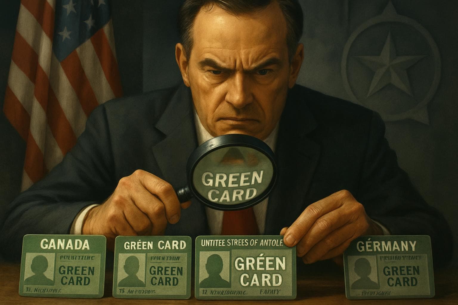 Government official examining green card documents with magnifying glass