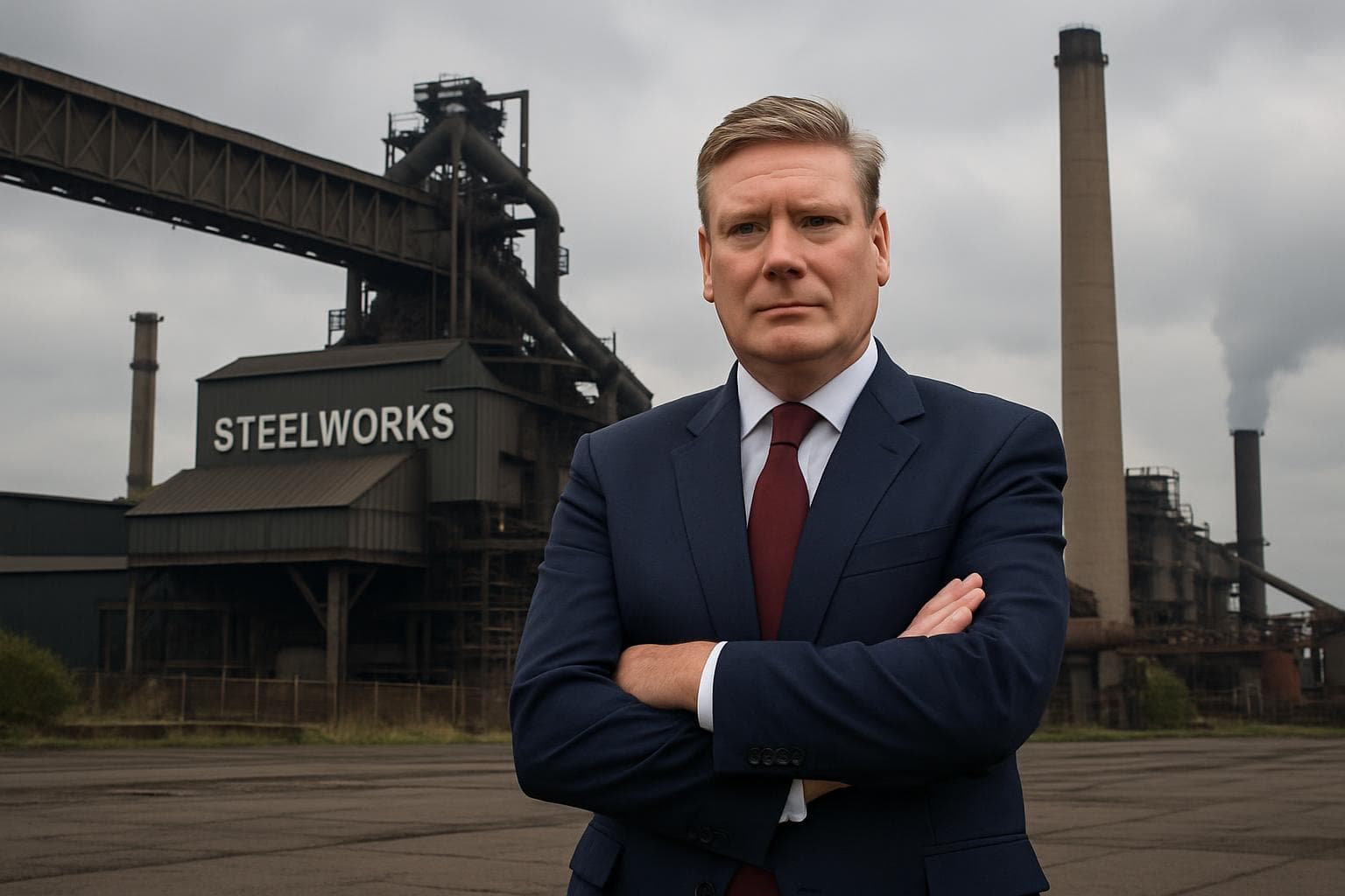 Government official in front of inactive steelworks factory
