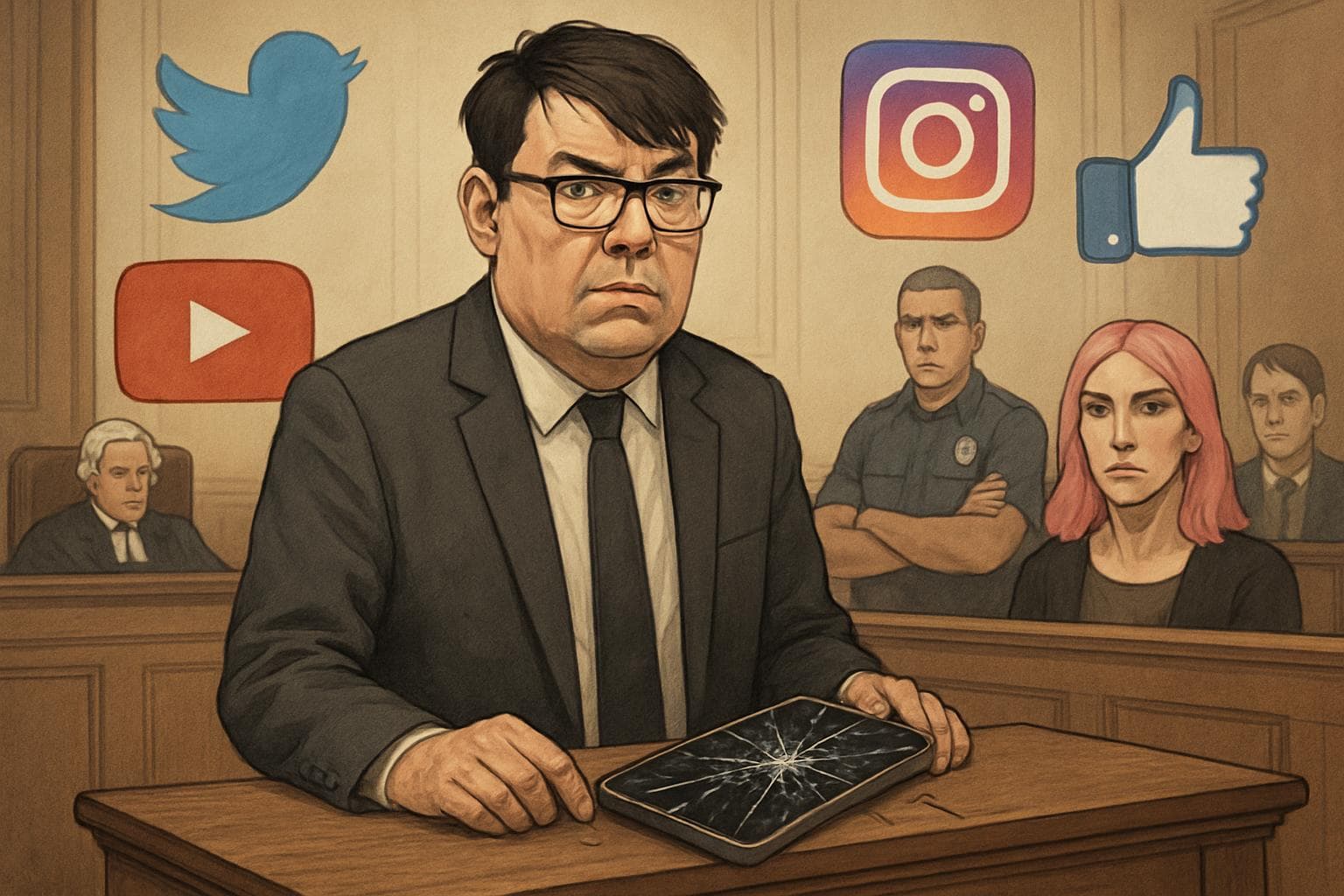 Graham Linehan in courtroom with broken phone and social media symbols