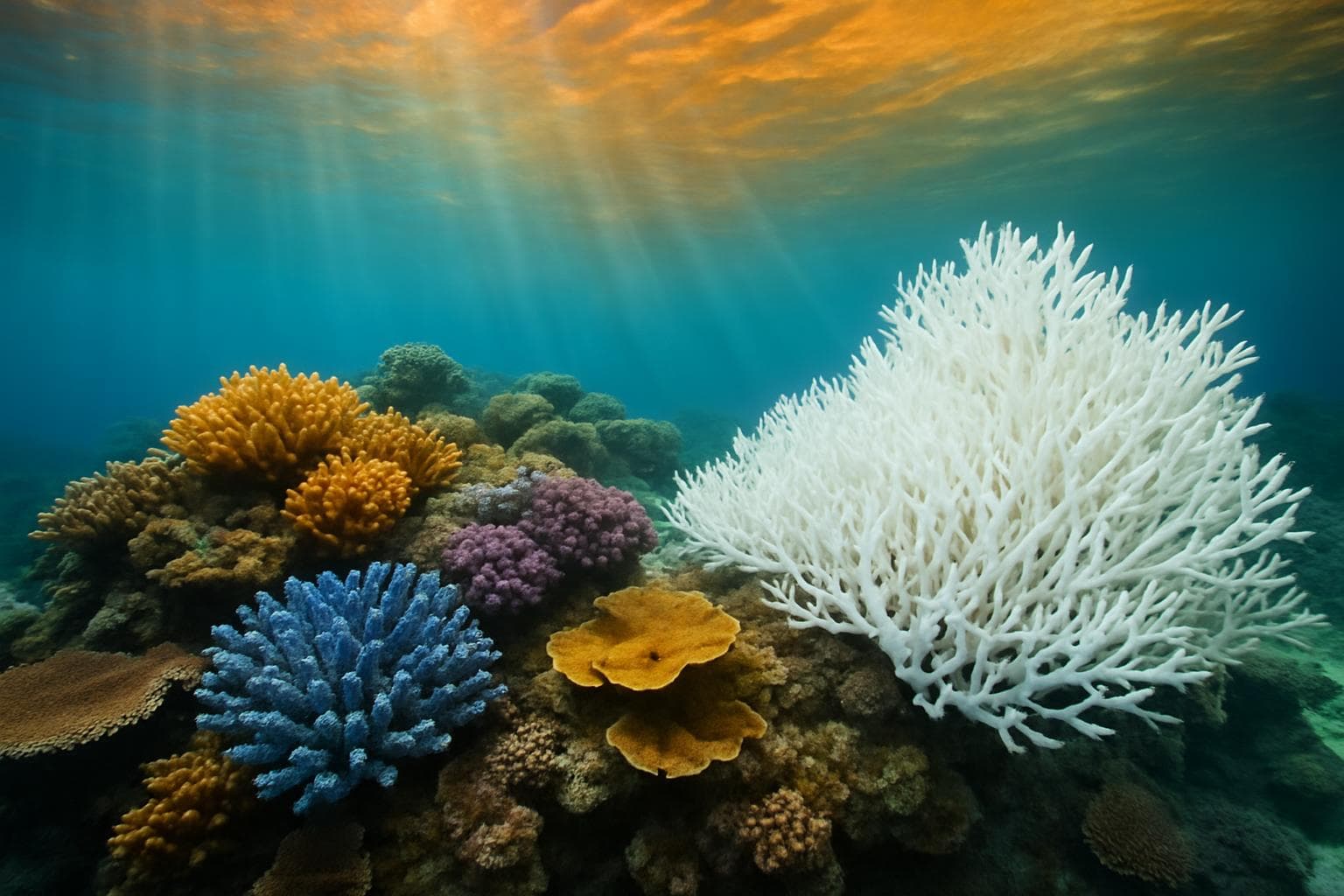 Great Barrier Reef with vibrant and bleached corals
