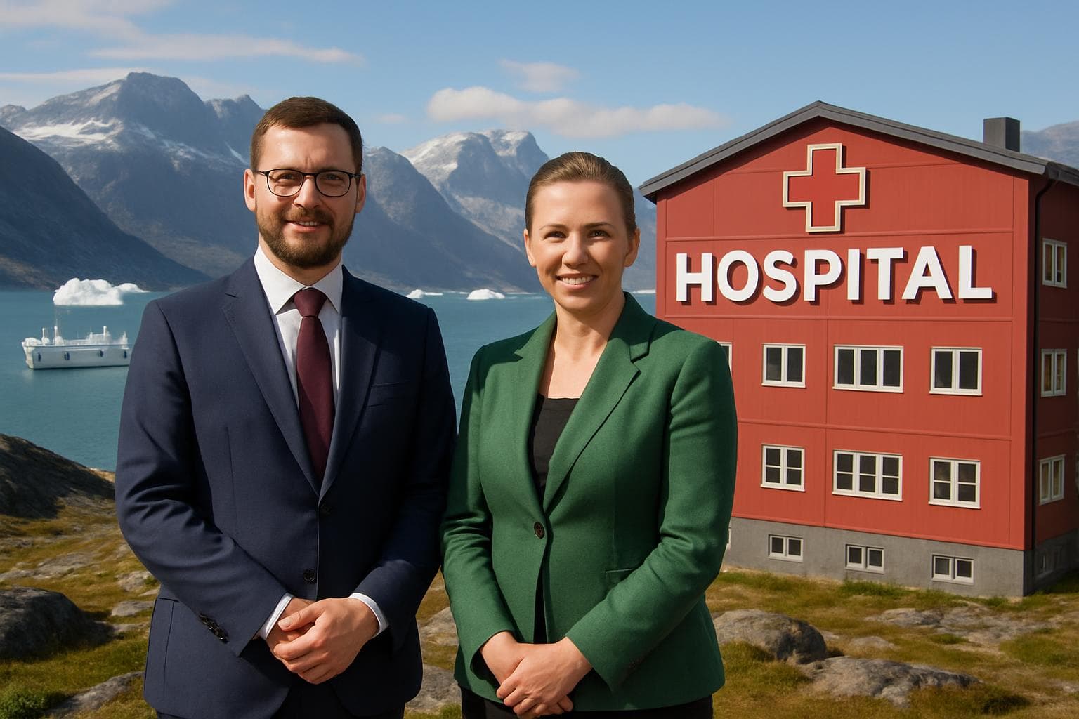 Greenland and Denmark Prime Ministers beside a hospital