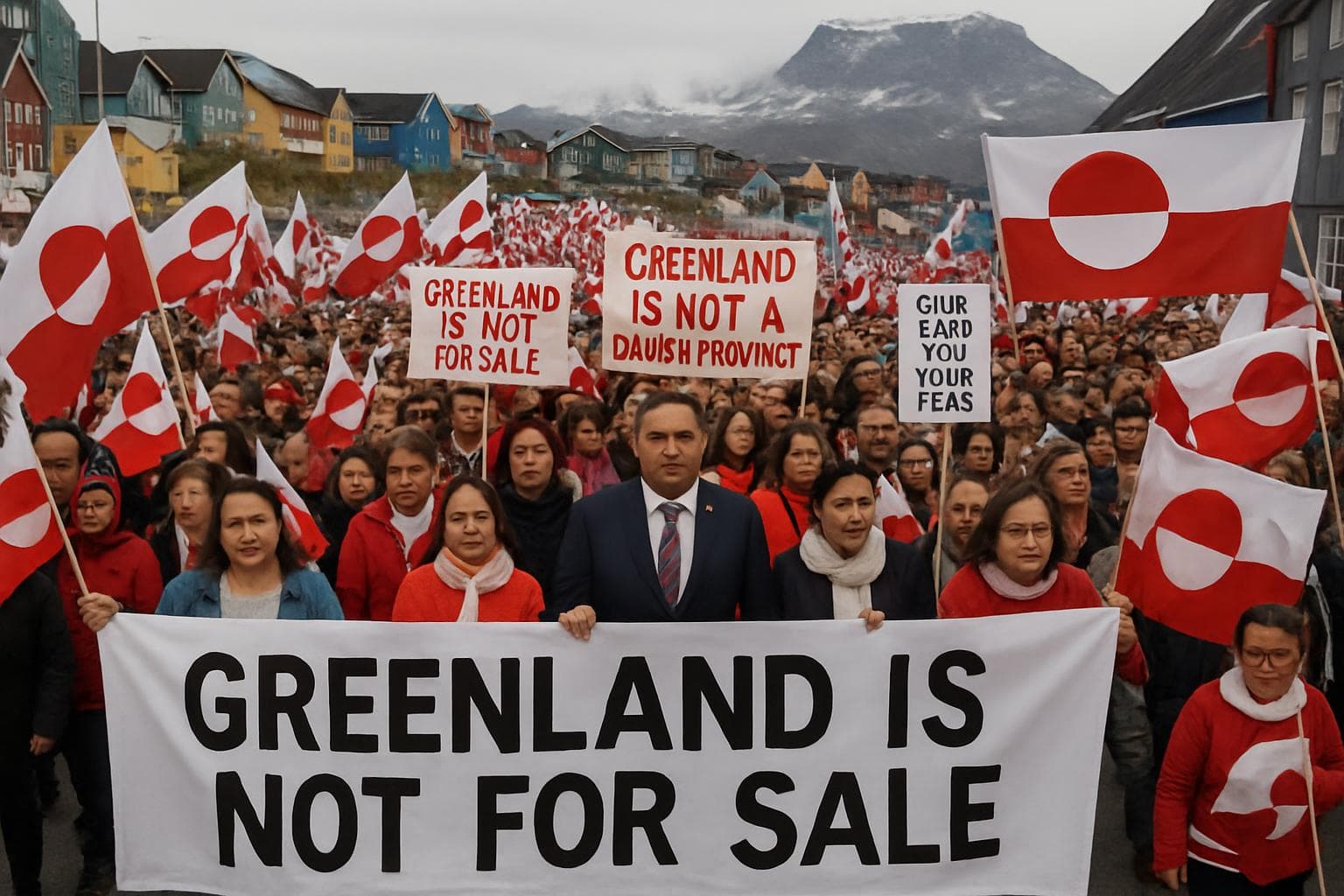 Greenland residents marching in Nuuk with flags and banners