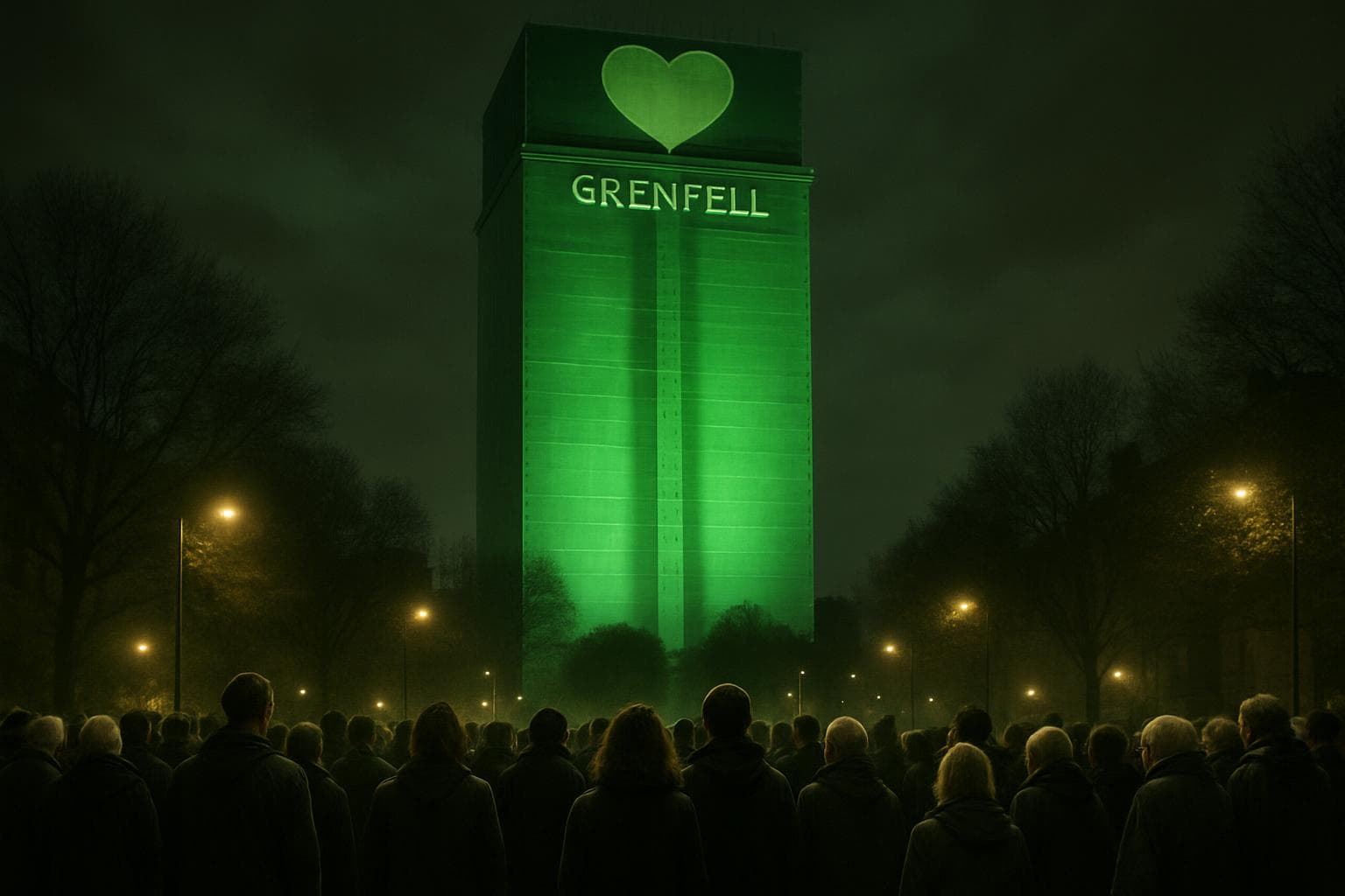 People gathered in front of Grenfell Tower illuminated in green
