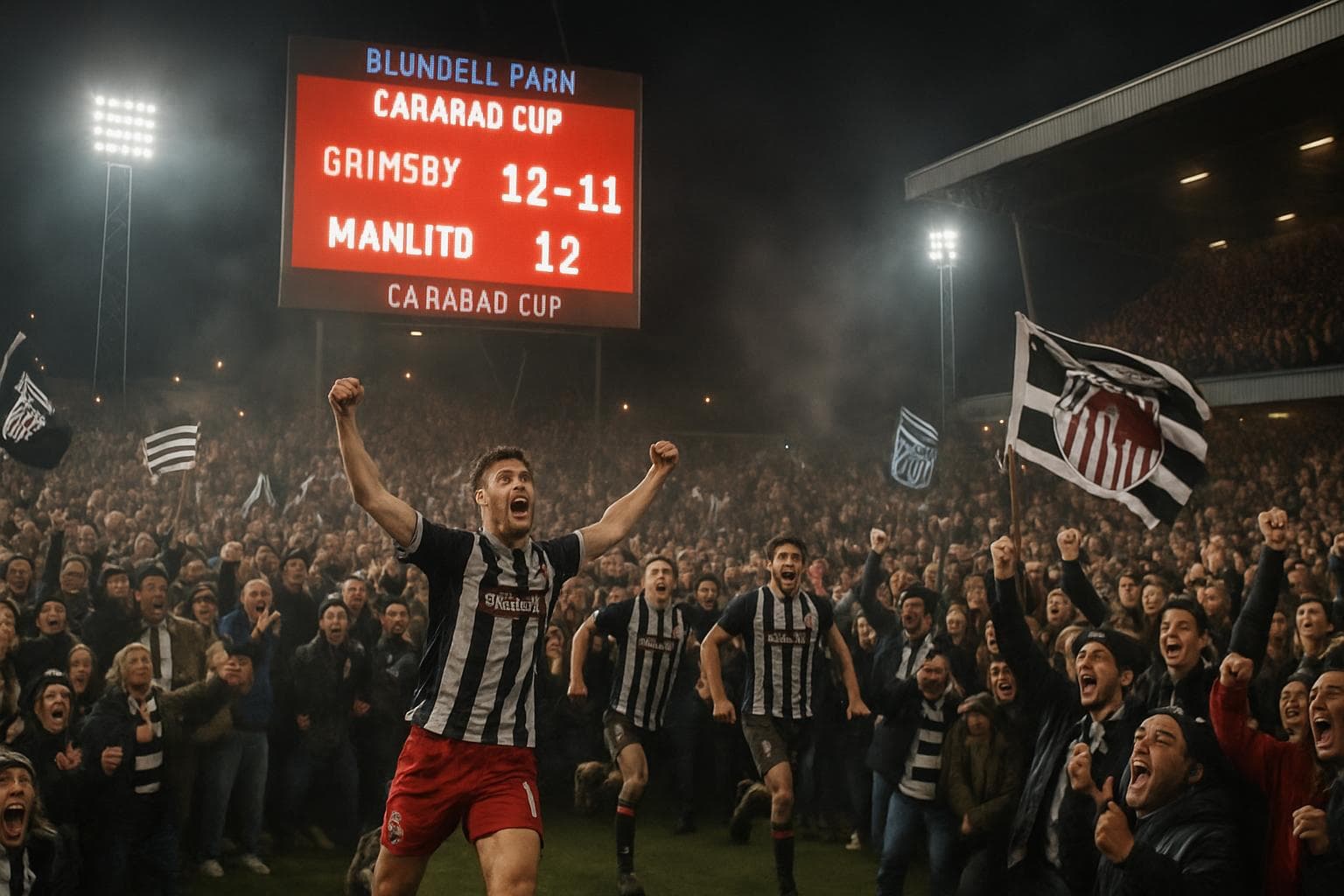Grimsby Town fans celebrating a penalty shootout win