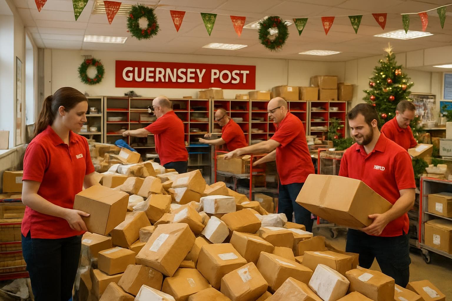Guernsey Post office workers with parcels and festive decor