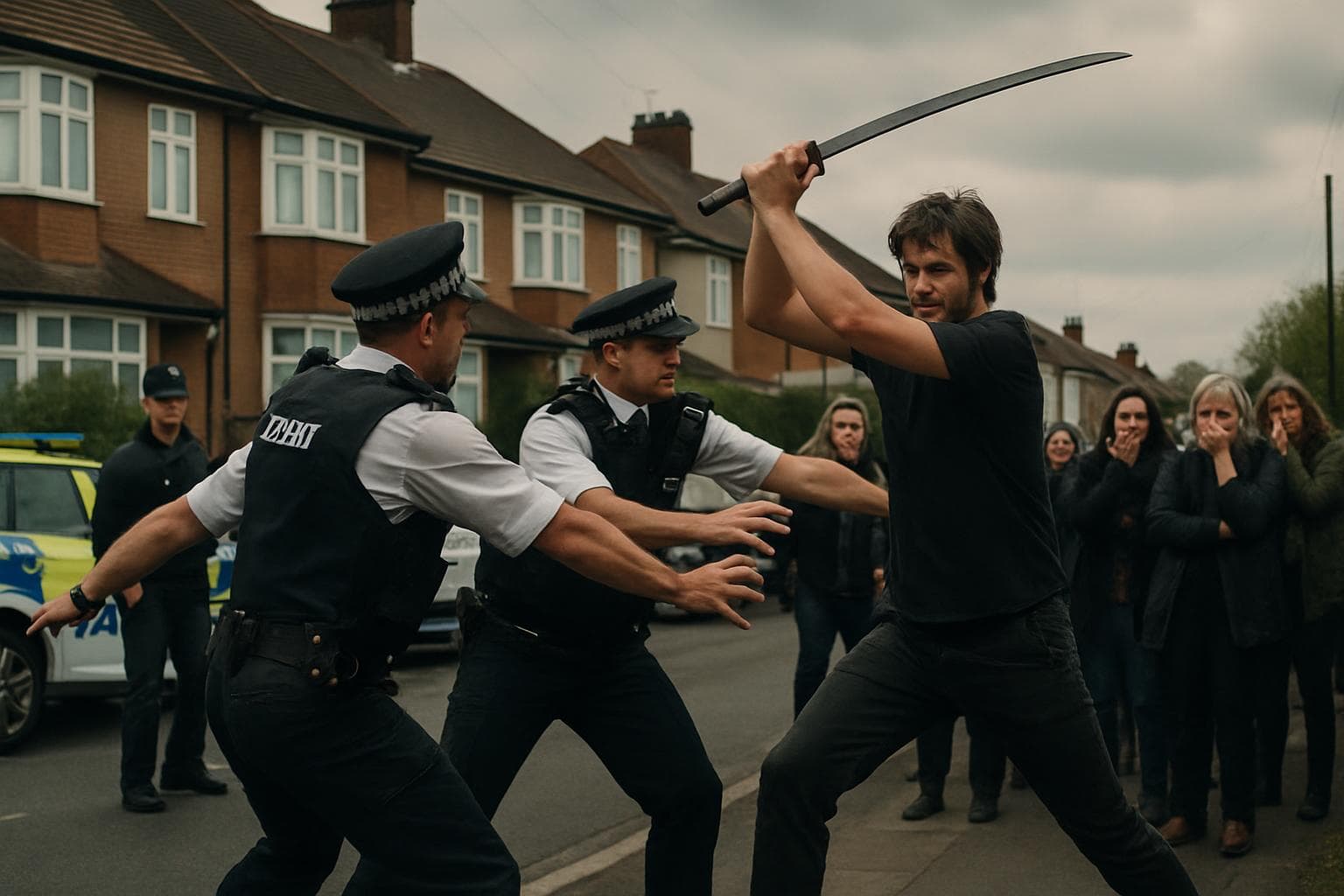 Man with samurai sword confronted by police on suburban street