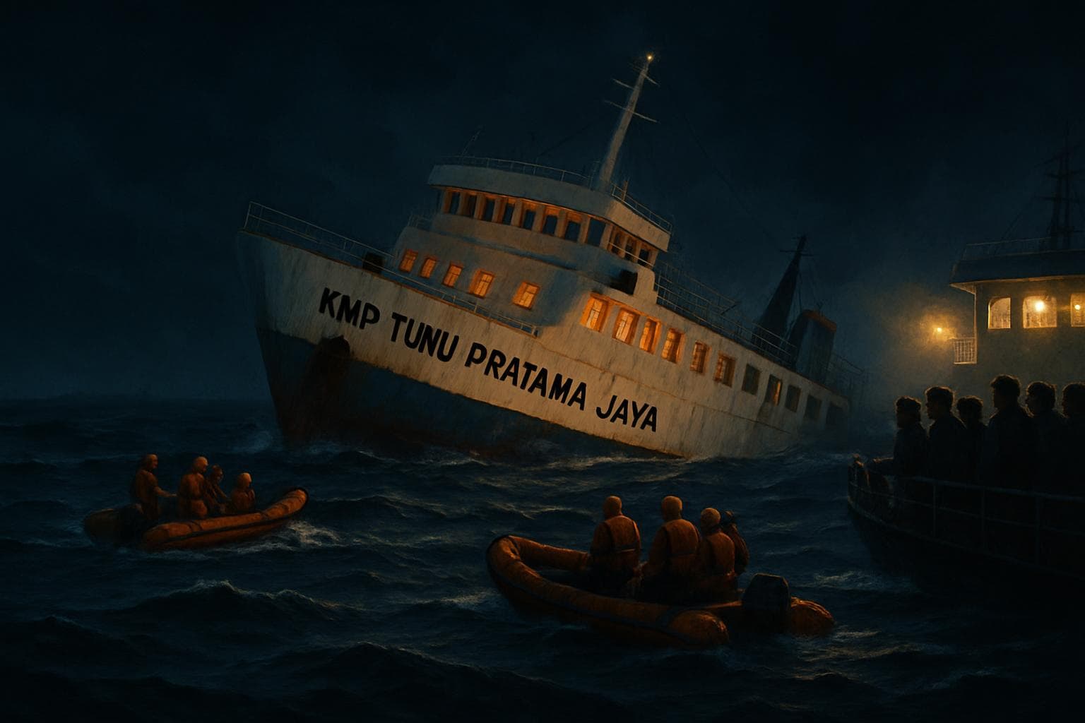 Half-sunken ferry KMP Tunu Pratama Jaya with rescue boats at night