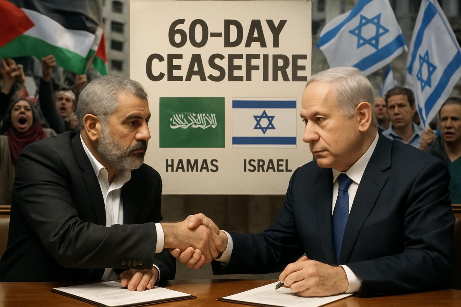 Hamas and Israel flags with a ceasefire agreement