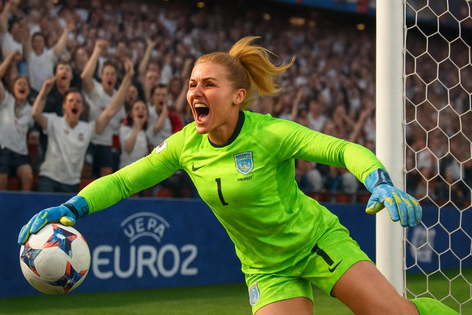 Hannah Hampton diving to save a penalty in a soccer match