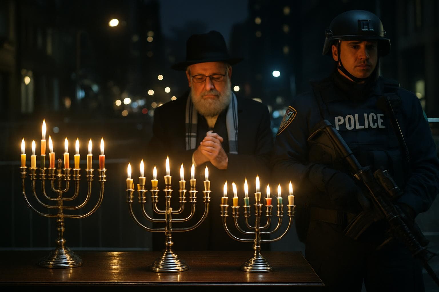 Menorahs lit during Hanukkah with security presence