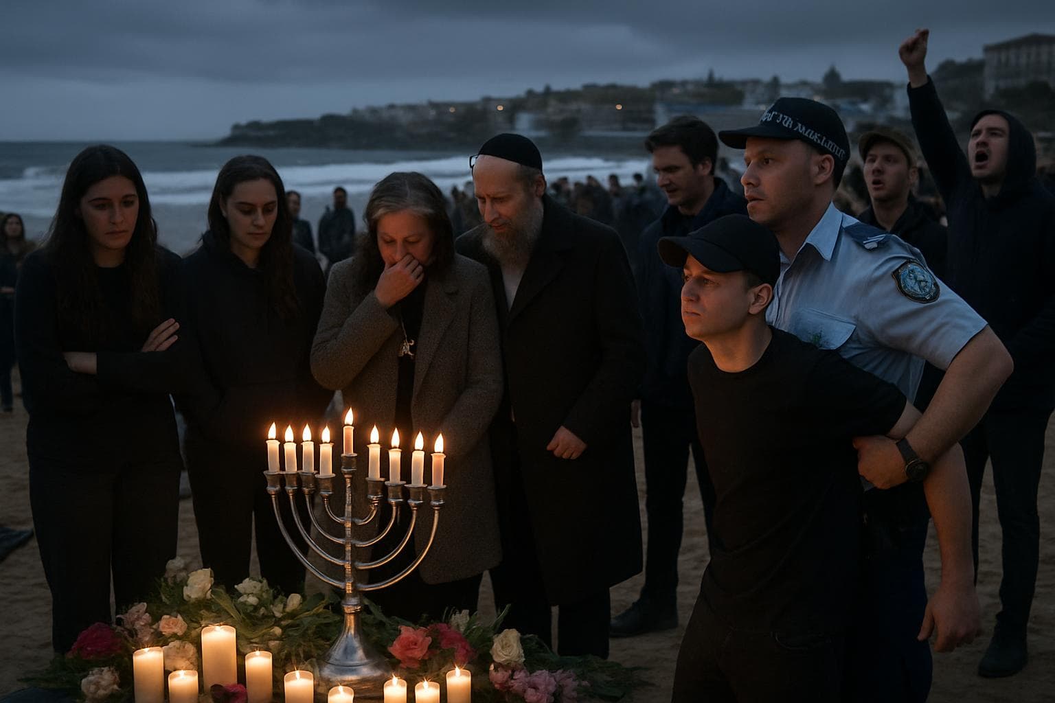 Somber Hanukkah gathering disrupted by gunmen at Bondi Beach
