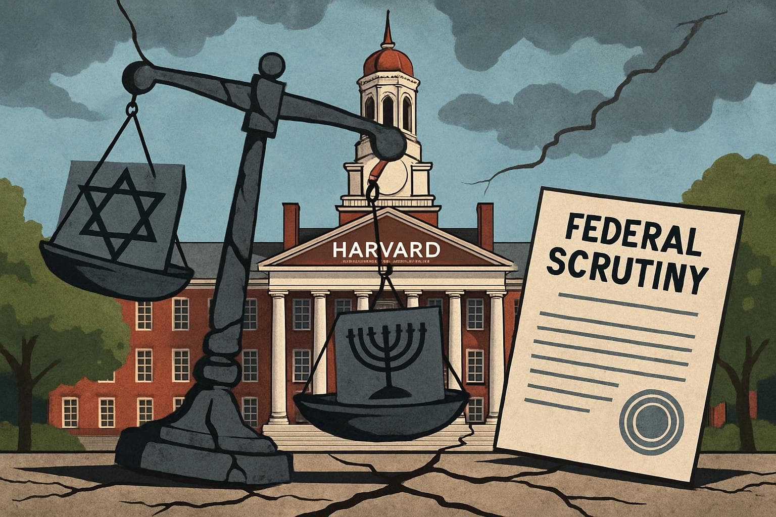 Harvard campus with symbols of tension and civil rights debate
