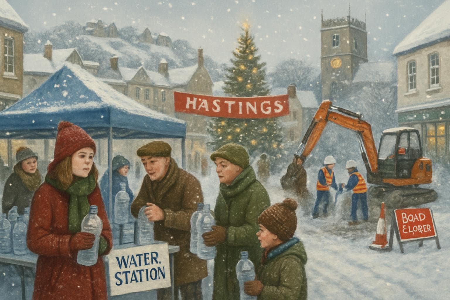 Residents gather at a water station in snowy Hastings