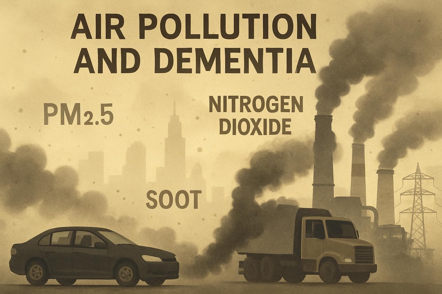 Hazy cityscape showing air pollution from vehicles and industry.