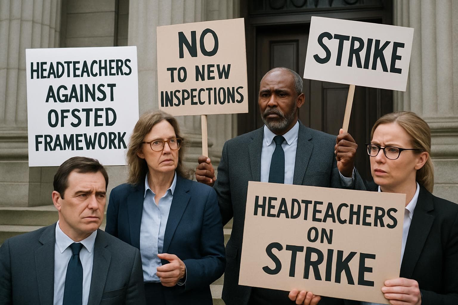 Headteachers holding signs outside a courthouse discussing strike action