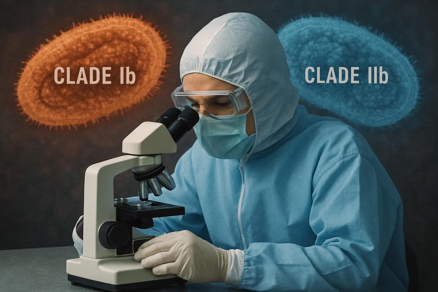 Health official in protective gear examines a sample under a microscope.