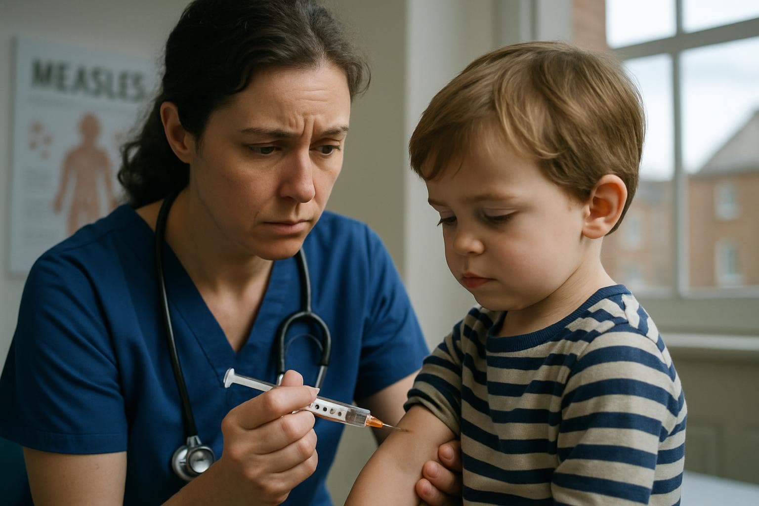 Healthcare worker giving MMR vaccine to a young child in the UK