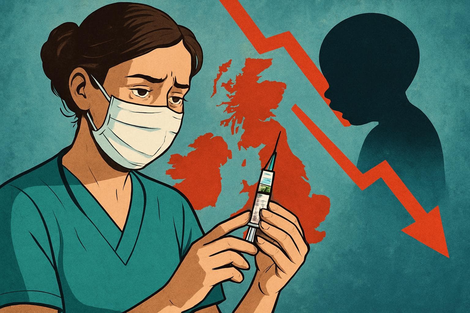 Concerned healthcare worker holding a vaccine syringe in the UK.