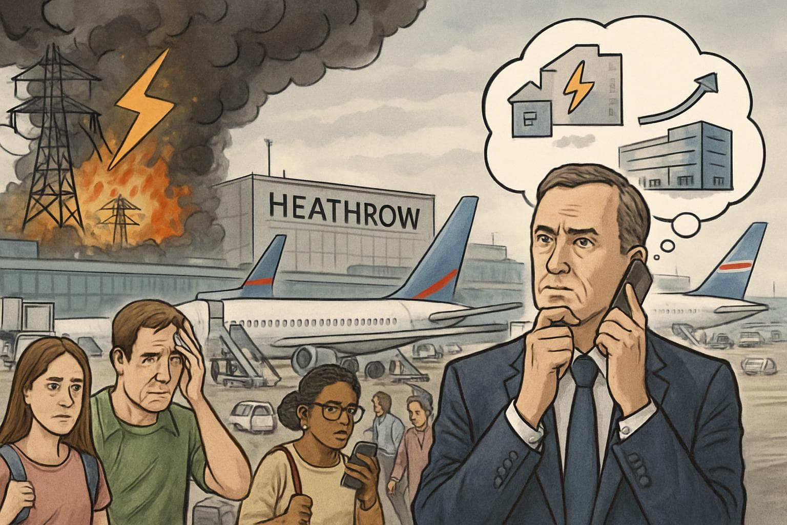 Heathrow Airport with grounded planes and disrupted passengers