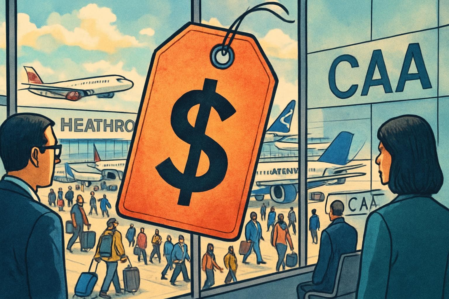 Heathrow airport with planes, passengers, and a large price tag