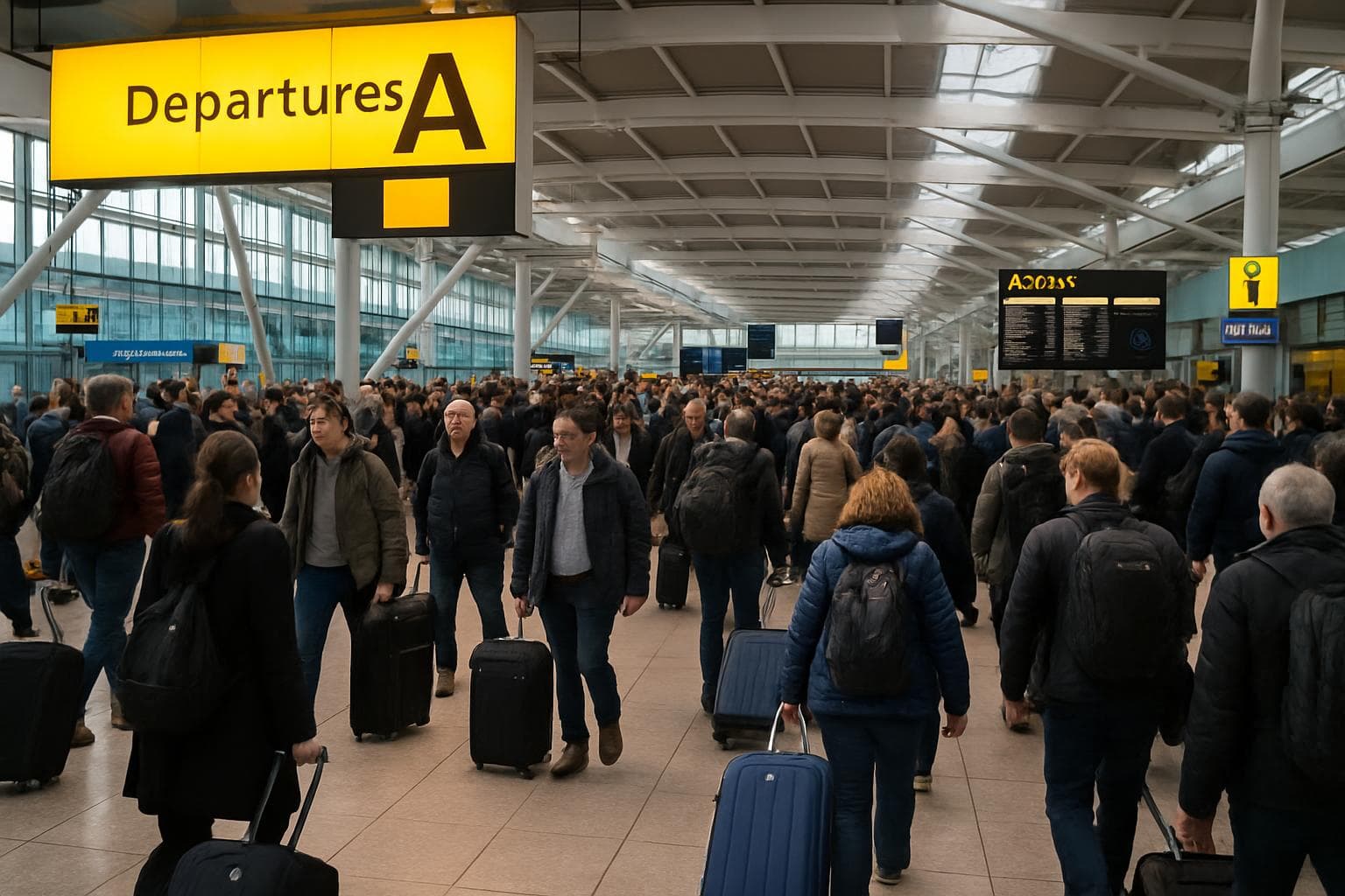 Travelers walking in opposite directions at Heathrow Terminal 5