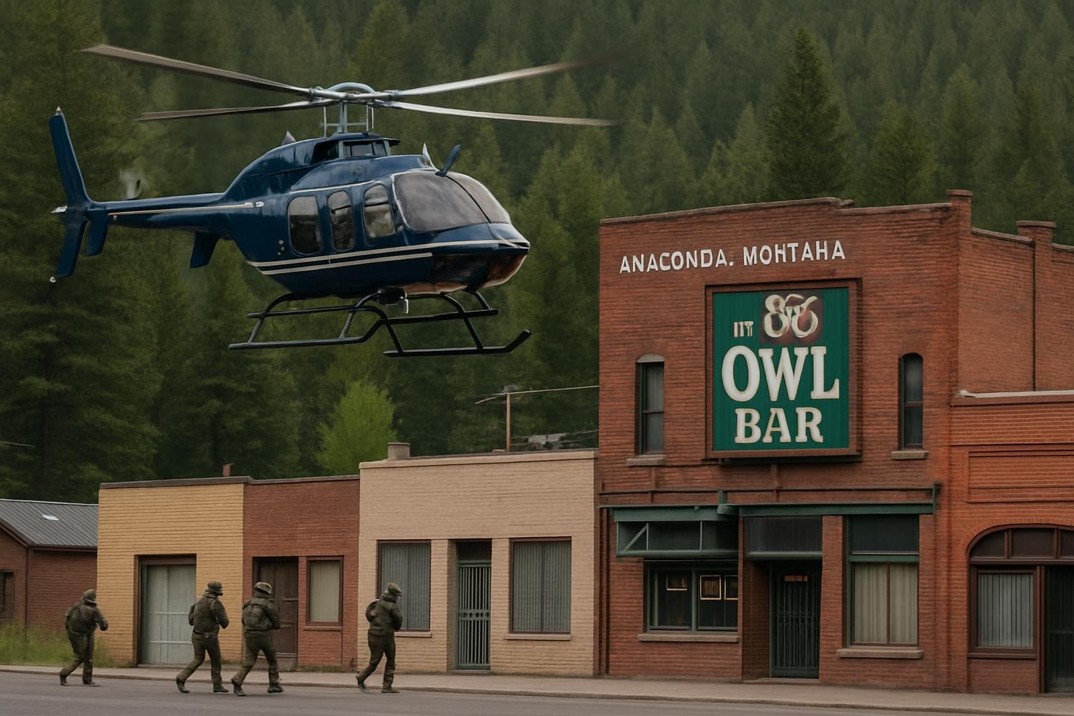 Helicopter flying over wooded area in Anaconda, Montana