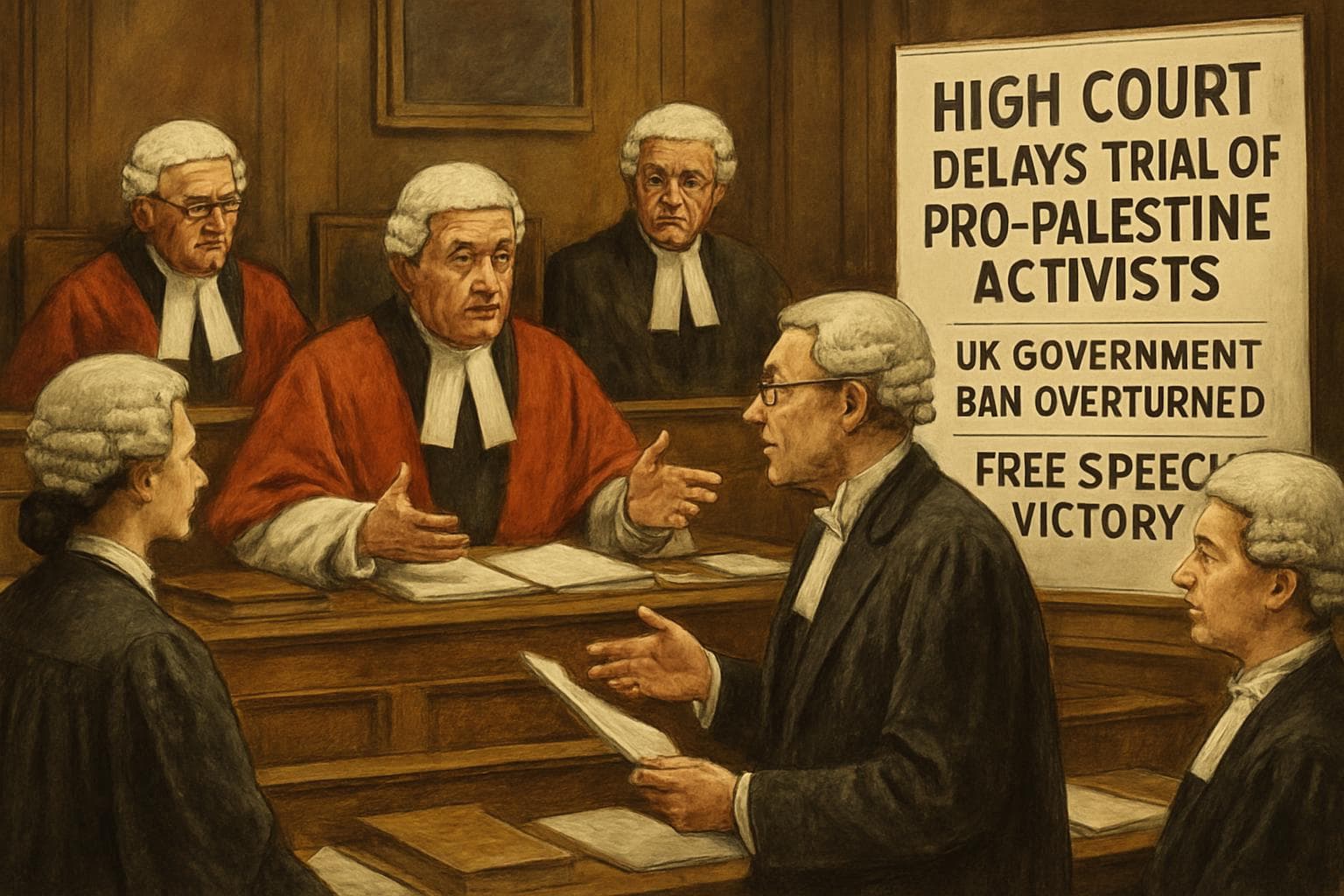 Judges and lawyers in a courtroom discussing a case