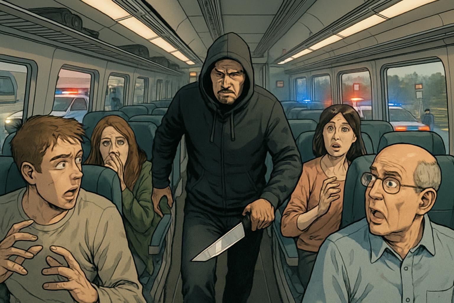 Passengers in a train reacting to a man with a knife
