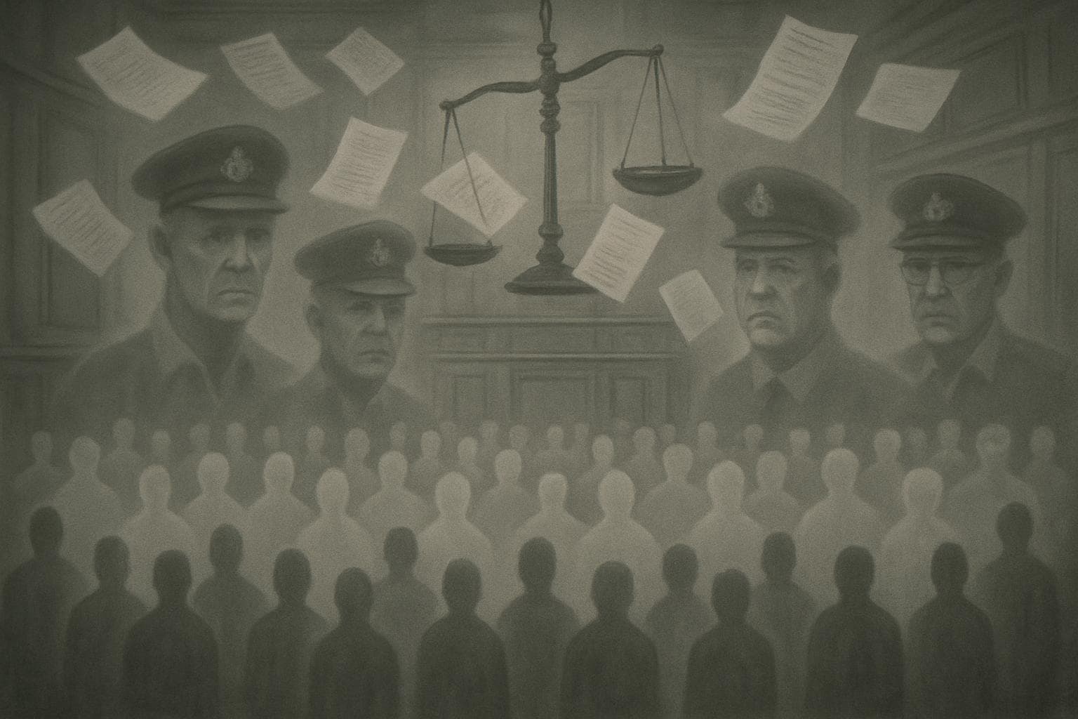 Ethereal shadows of 97 victims in a courtroom setting