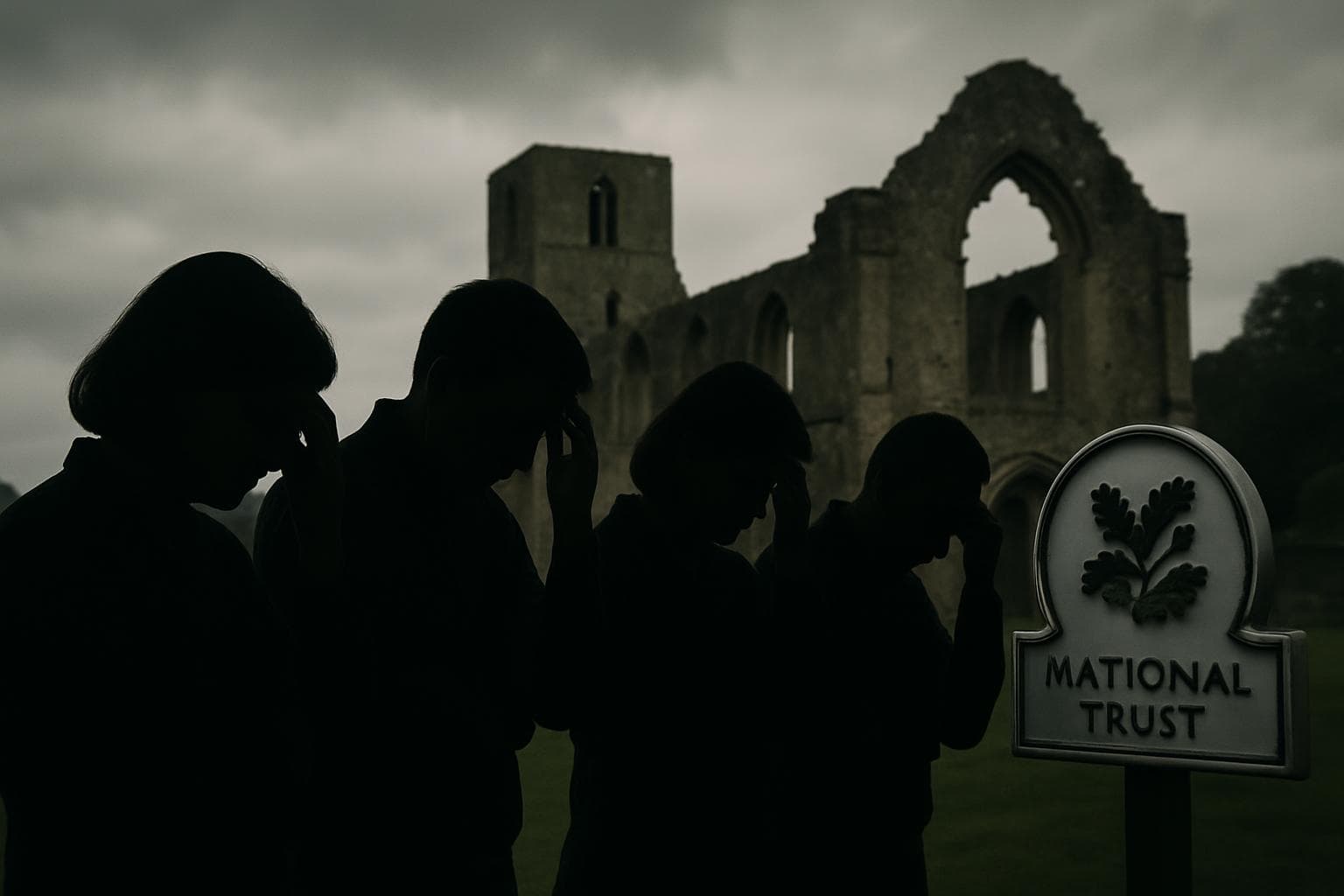 Silhouette of worried employees at a historic site