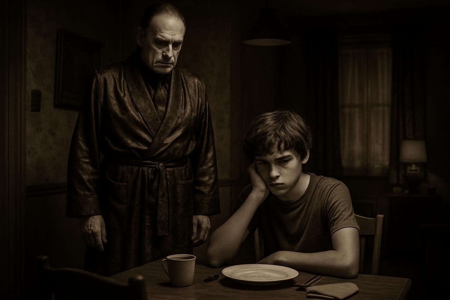 Historic theater director in silk robe with distressed teenager at table.