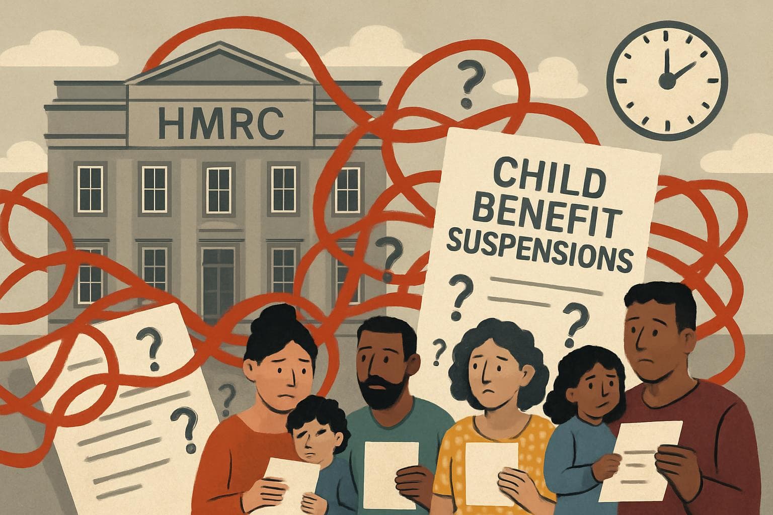 Families outside HMRC building with tangled red tape and documents
