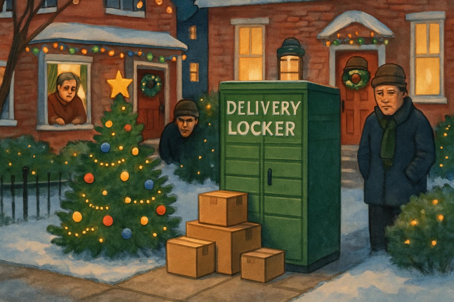 Festive neighborhood with holiday decorations and delivery locker