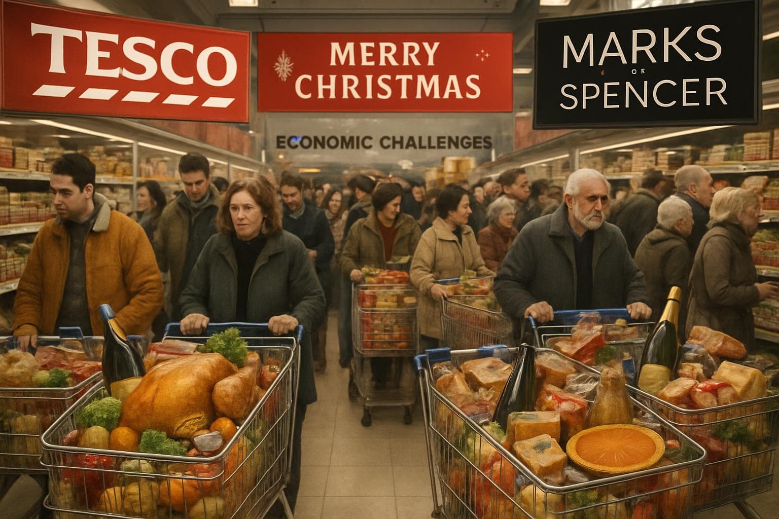 Busy supermarket with grocery carts under Tesco and Marks & Spencer signs