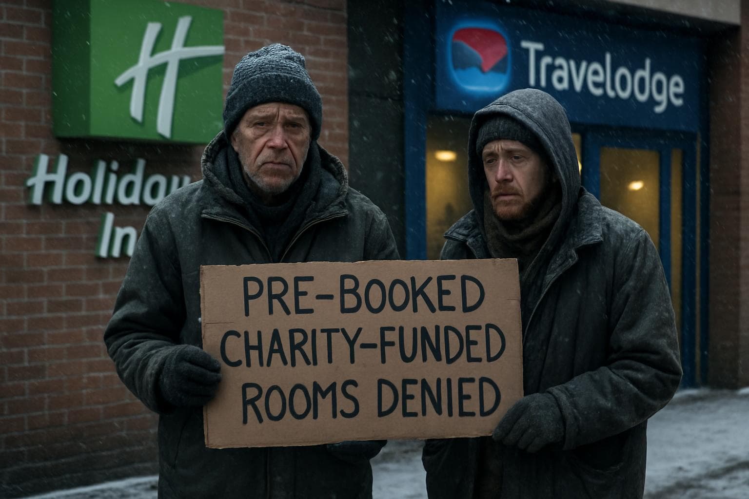 Two homeless men outside a Holiday Inn in cold weather