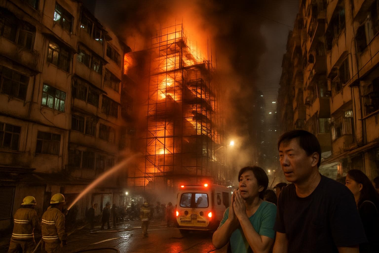 Firefighters battling a fire in Hong Kong's Tai Po district