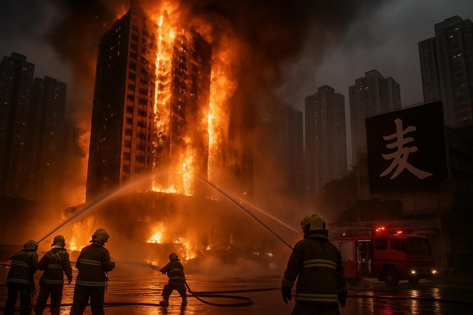Firefighters battling a blaze in a Hong Kong high-rise