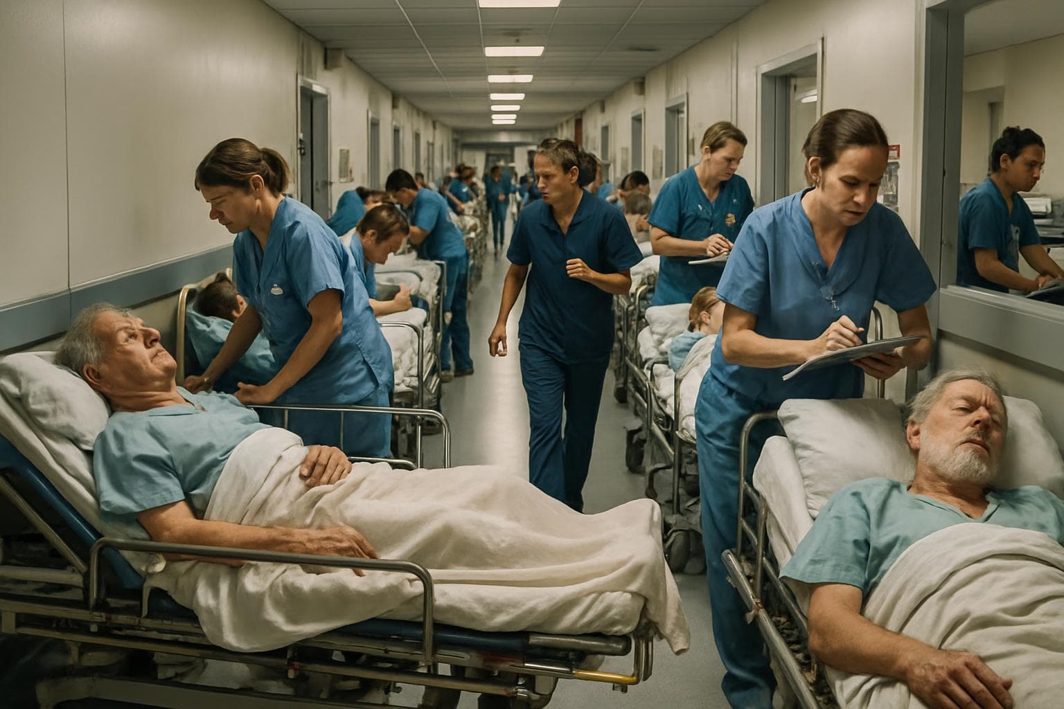 Hospital corridor with patients on trolleys and busy staff
