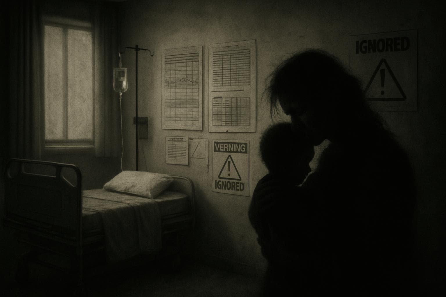 Mother holding child in hospital room with clinical charts