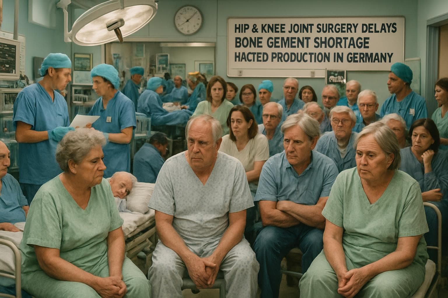 Crowded hospital surgery room with patients and staff