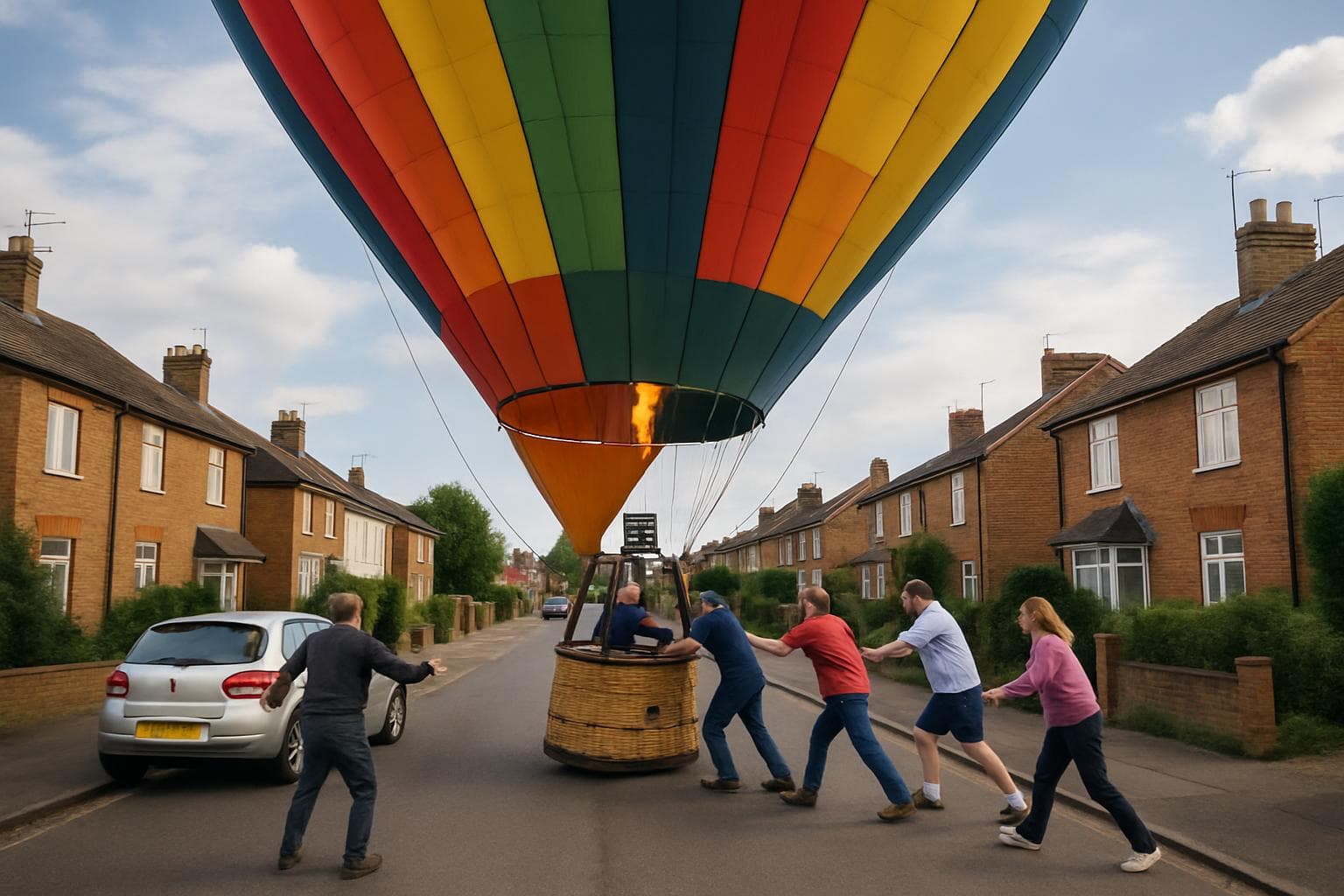 Hot air balloon landing safely on a residential street
