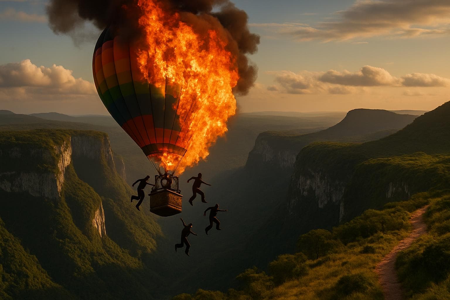 Burning hot air balloon descending over canyon in Brazil