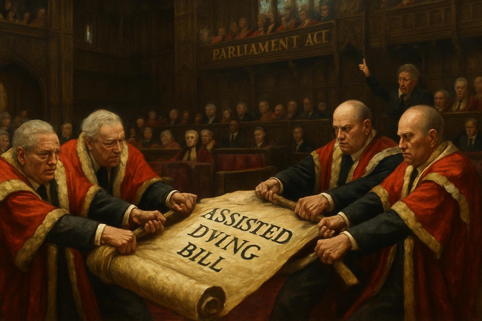 House of Lords debate on assisted dying bill with scroll