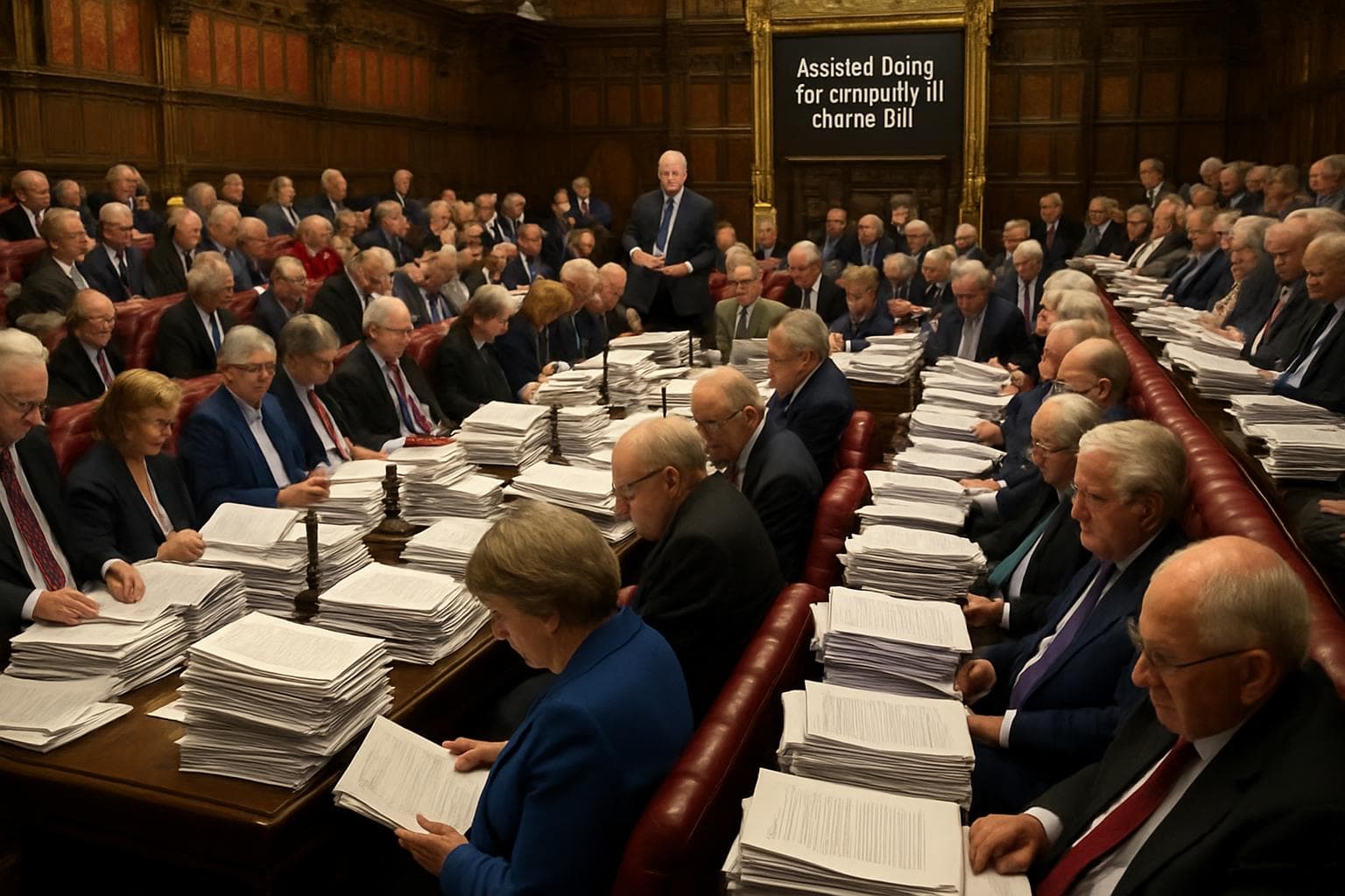 Crowded House of Lords chamber with amendment papers