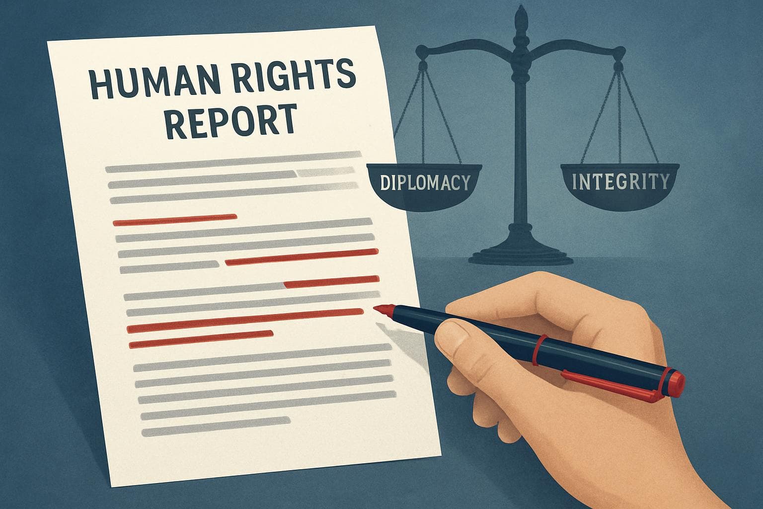Editing a human rights report with justice scales in background
