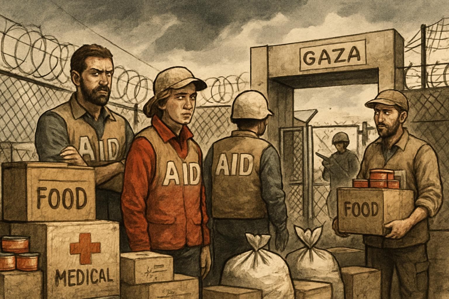 Humanitarian workers at a border with food and medicine supplies.