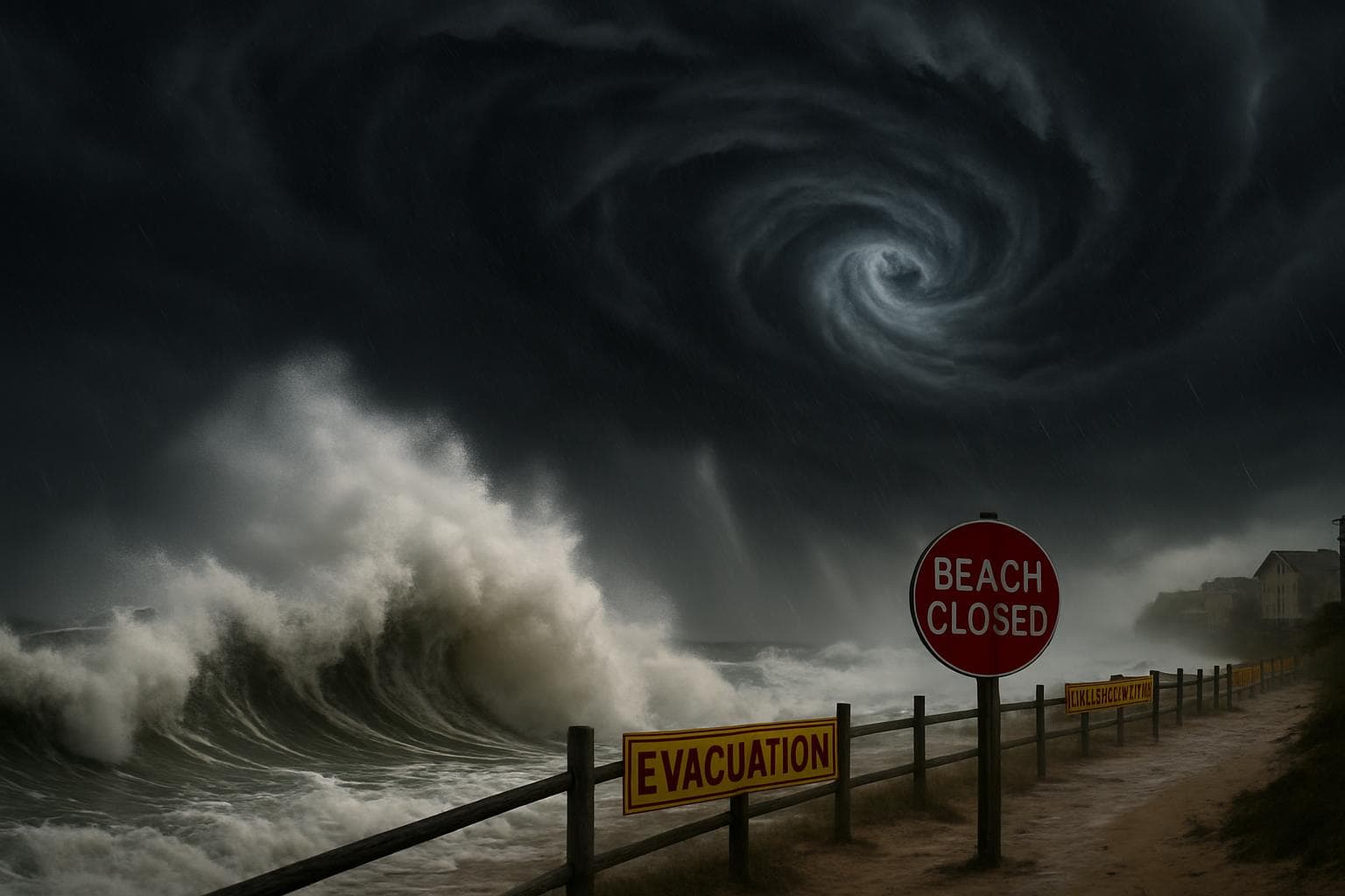 Hurricane with dark clouds and waves on US East Coast